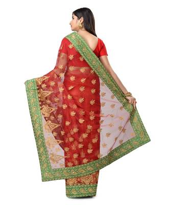 Red Embroidered Super_Net Saree With Blouse 3