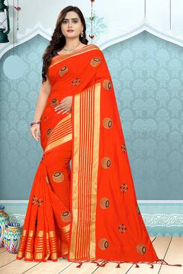 Orange Embroidered Silk Saree With Blouse 1