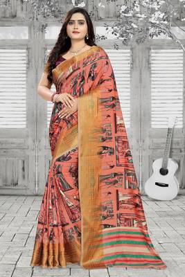 Peach Printed Silk Saree With Blouse 1