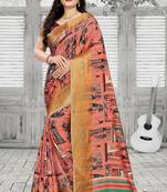 Peach Printed Silk Saree With Blouse