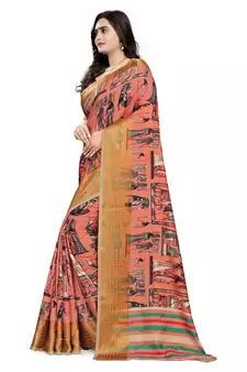 Peach Printed Silk Saree With Blouse