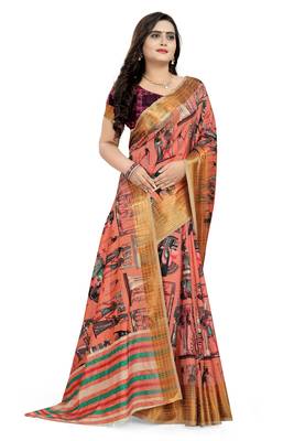 Peach Printed Silk Saree With Blouse 3