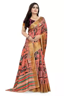 Peach Printed Silk Saree With Blouse