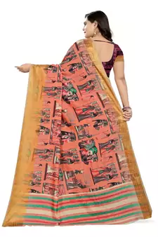 Peach Printed Silk Saree With Blouse