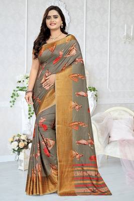 Grey Printed Silk Saree With Blouse 1
