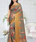 Grey Printed Silk Saree With Blouse
