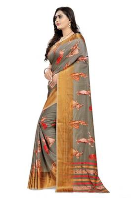 Grey Printed Silk Saree With Blouse 2