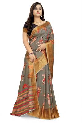 Grey Printed Silk Saree With Blouse 3