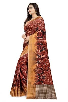 Brown Printed Silk Saree With Blouse 2