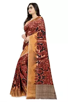 Brown Printed Silk Saree With Blouse