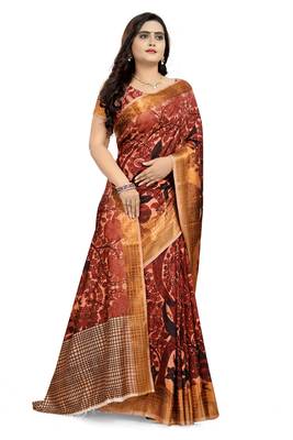 Brown Printed Silk Saree With Blouse 3