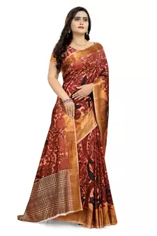 Brown Printed Silk Saree With Blouse