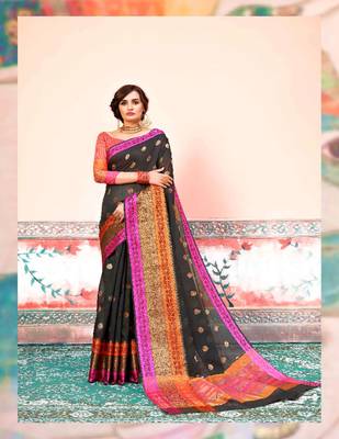 Black embroidered cotton silk saree with blouse 1