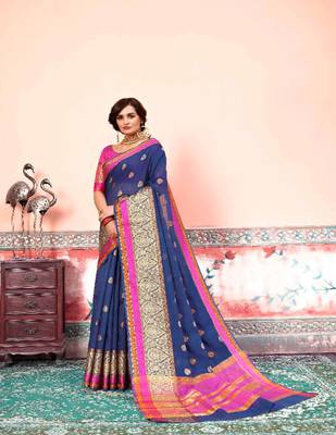Blue embroidered cotton silk saree with blouse 1