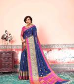 Blue embroidered cotton silk saree with blouse
