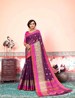 Purple embroidered cotton silk saree with blouse 1