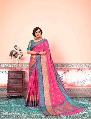 Pink embroidered cotton silk saree with blouse 1