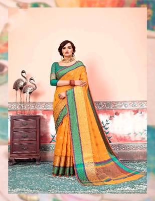 Orange embroidered cotton silk saree with blouse 1