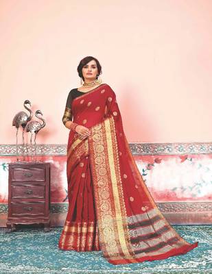 Red embroidered cotton silk saree with blouse 1