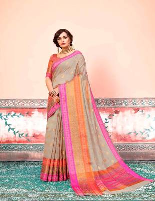 Grey embroidered cotton silk saree with blouse 1