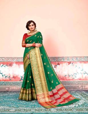 Green embroidered cotton silk saree with blouse 1
