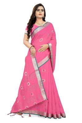 Pink Printed Linen Saree With Blouse 3