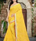 Yellow Printed Linen Saree With Blouse
