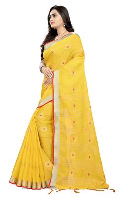 Yellow Printed Linen Saree With Blouse 2