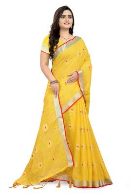 Yellow Printed Linen Saree With Blouse 3