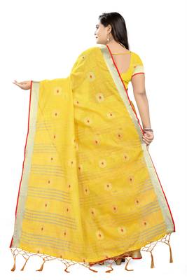 Yellow Printed Linen Saree With Blouse 4