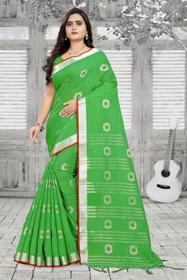 Green Printed Linen Saree With Blouse 1