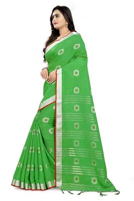 Green Printed Linen Saree With Blouse 2