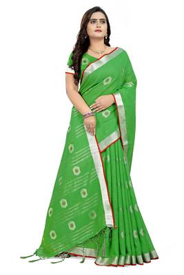 Green Printed Linen Saree With Blouse 3