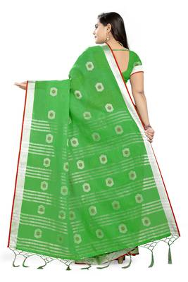 Green Printed Linen Saree With Blouse 4