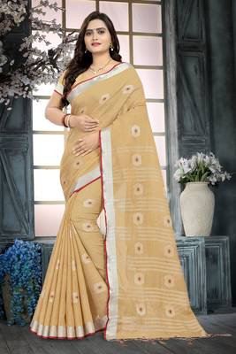 Cream Printed Linen Saree With Blouse 1