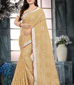 Cream Printed Linen Saree With Blouse
