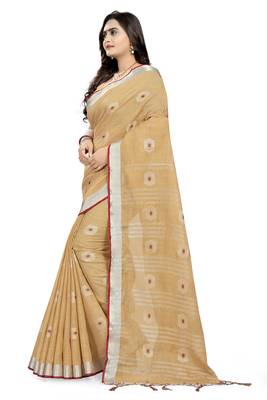 Cream Printed Linen Saree With Blouse 2