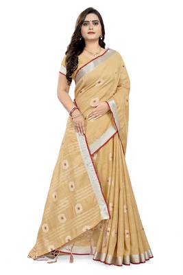 Cream Printed Linen Saree With Blouse 3