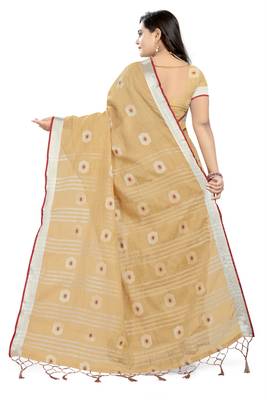 Cream Printed Linen Saree With Blouse 4