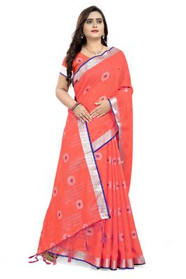 Peach Printed Linen Saree With Blouse 3