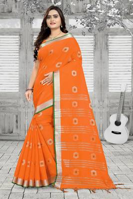 Orange Printed Linen Saree With Blouse 1