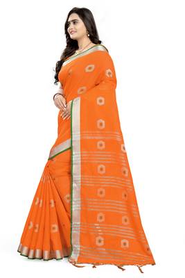 Orange Printed Linen Saree With Blouse 2