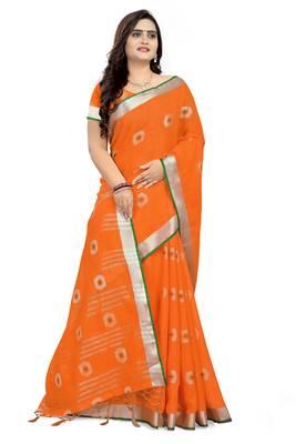 Orange Printed Linen Saree With Blouse 3