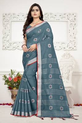 Grey Printed Linen Saree With Blouse 1