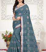 Grey Printed Linen Saree With Blouse