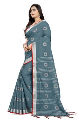 Grey Printed Linen Saree With Blouse 2