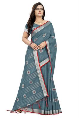 Grey Printed Linen Saree With Blouse 3