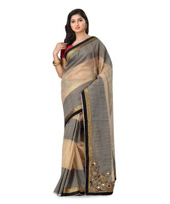 Grey Embroidered Super_Net Saree With Blouse 1