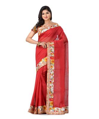 Red Embroidered Super_Net Saree With Blouse 1