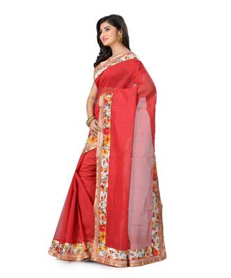 Red Embroidered Super_Net Saree With Blouse 2